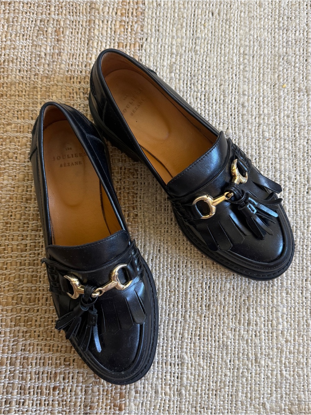 Sezane Black Leather Tassel Loafers wi